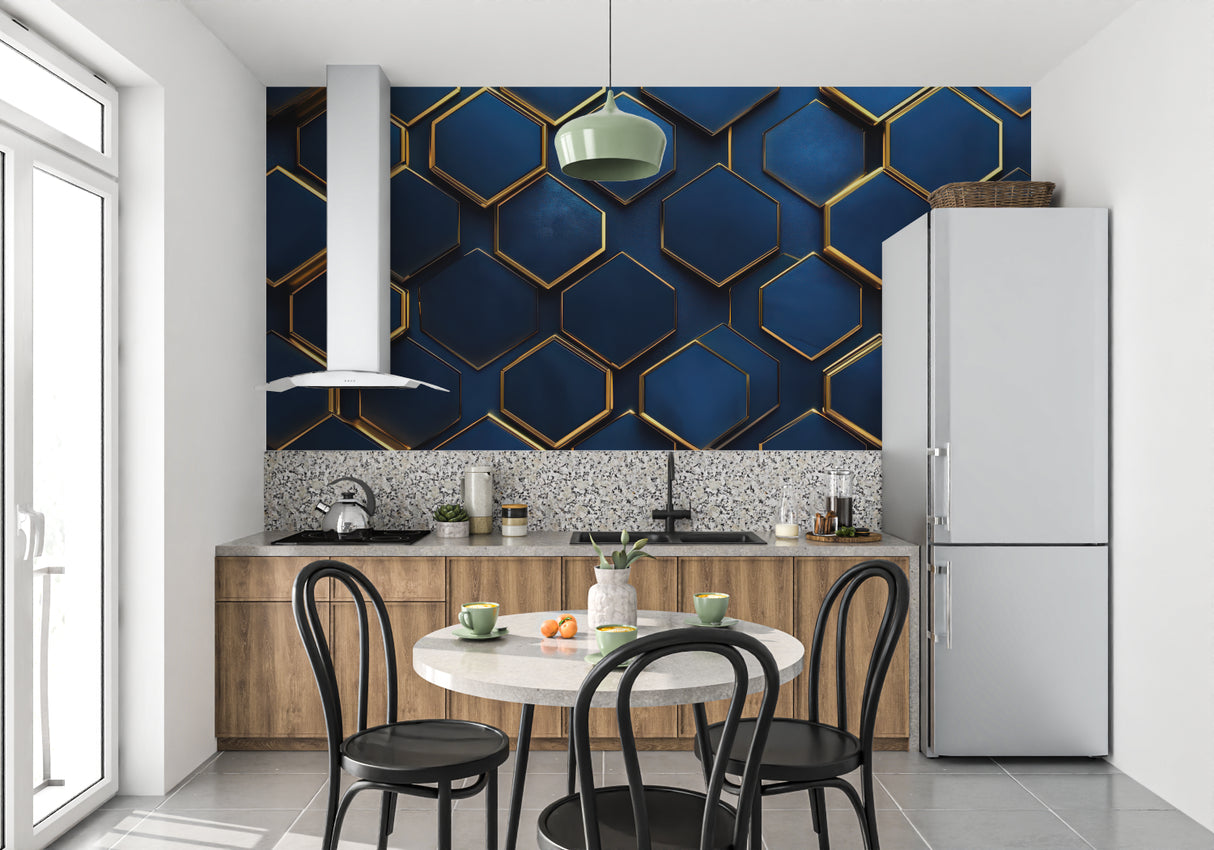 Navy blue and gold geometric wallpaper in modern living room creating luxurious atmosphere