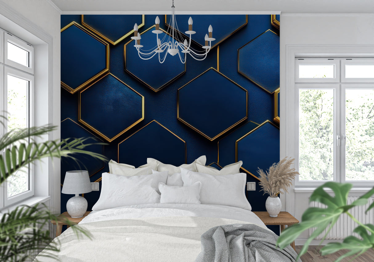Geometric hexagon wallpaper with gold details in home office setting
