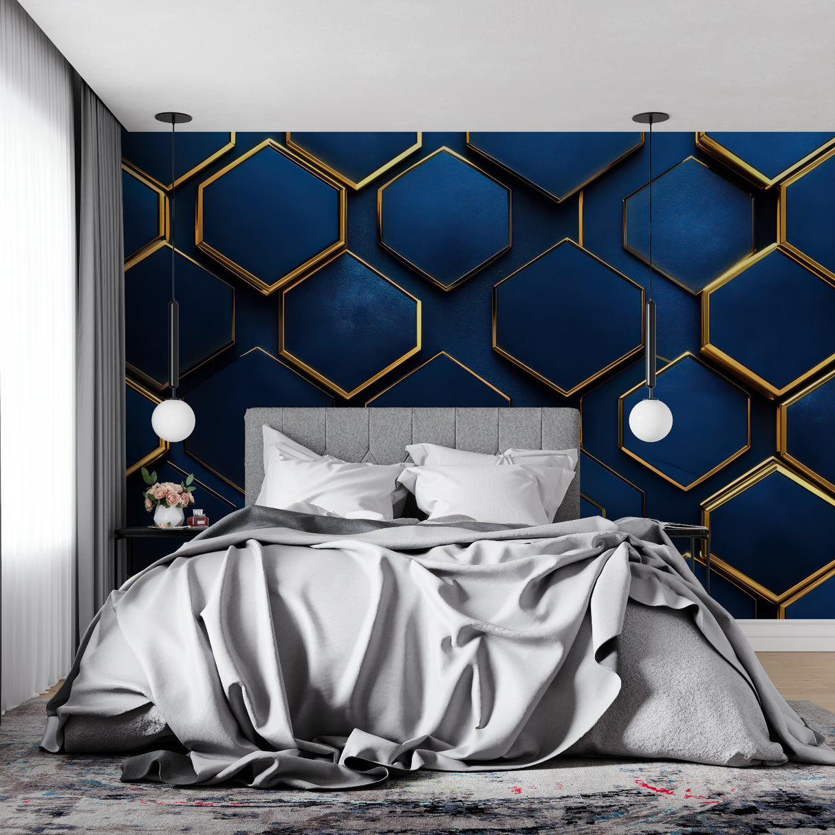Navy and gold hexagon pattern wallpaper in master bedroom showcasing evening lighting