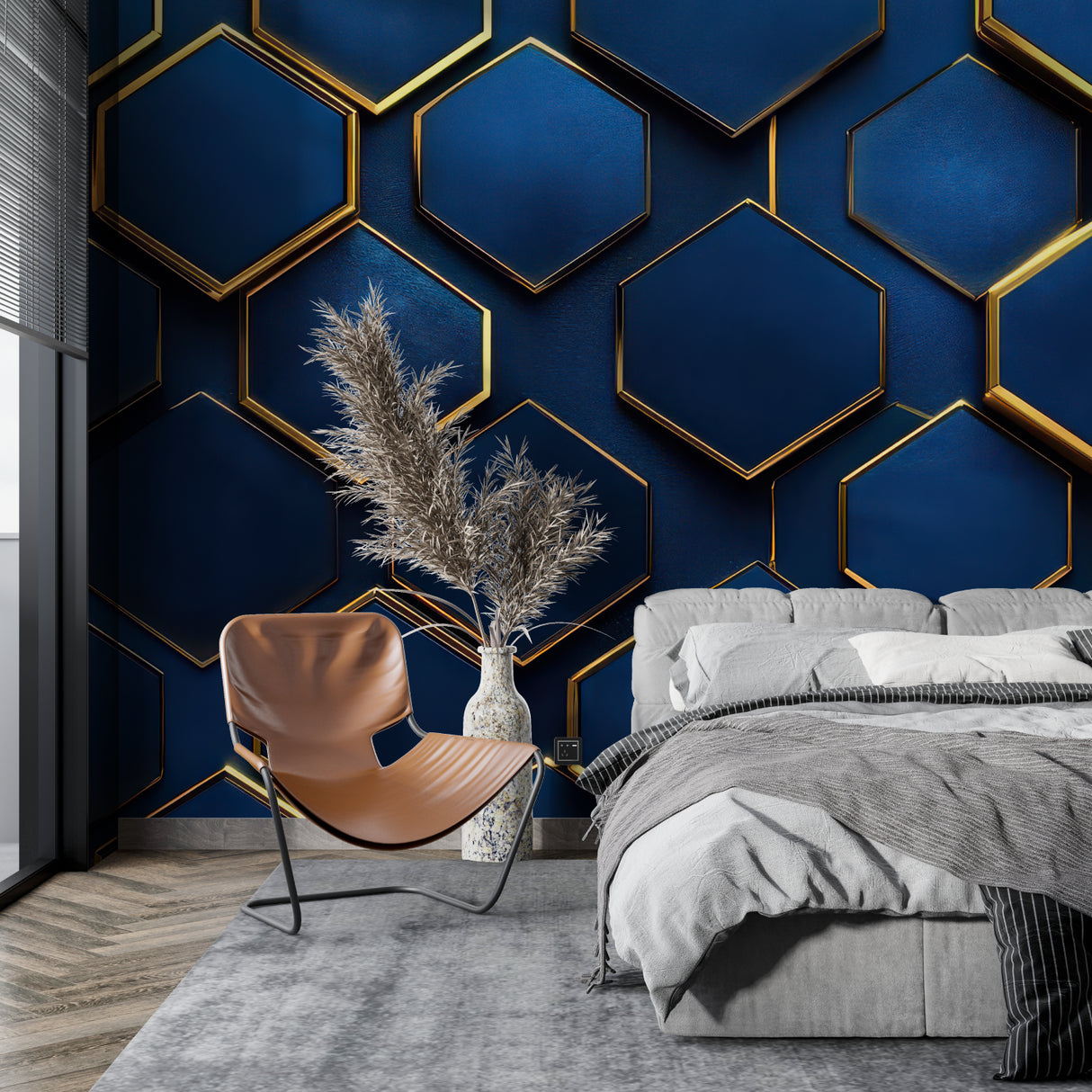 Geometric wallpaper in hallway showing 3D hexagon effect with gold borders