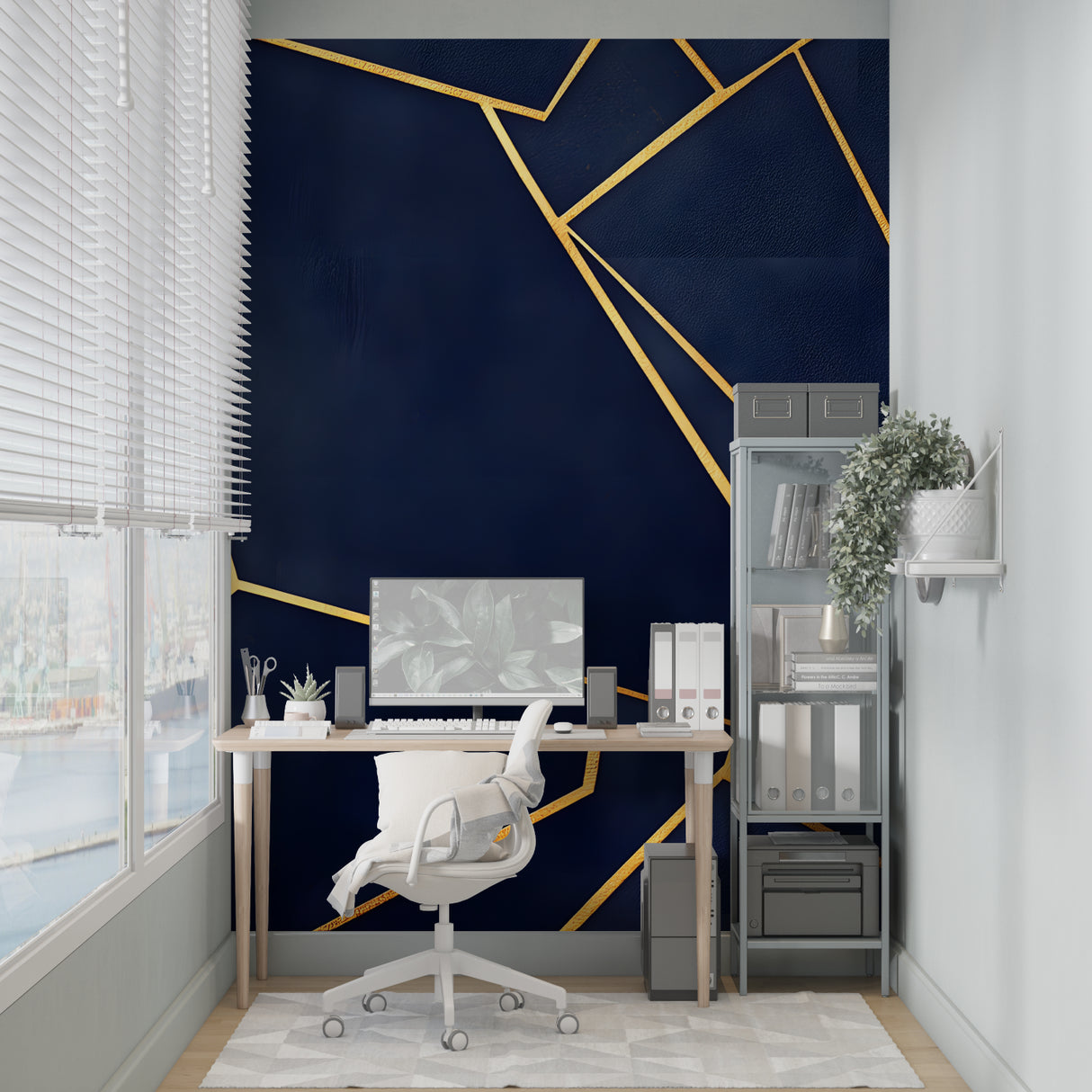 Geometric navy and gold wallpaper in modern living room with grey sofa and pendant lights