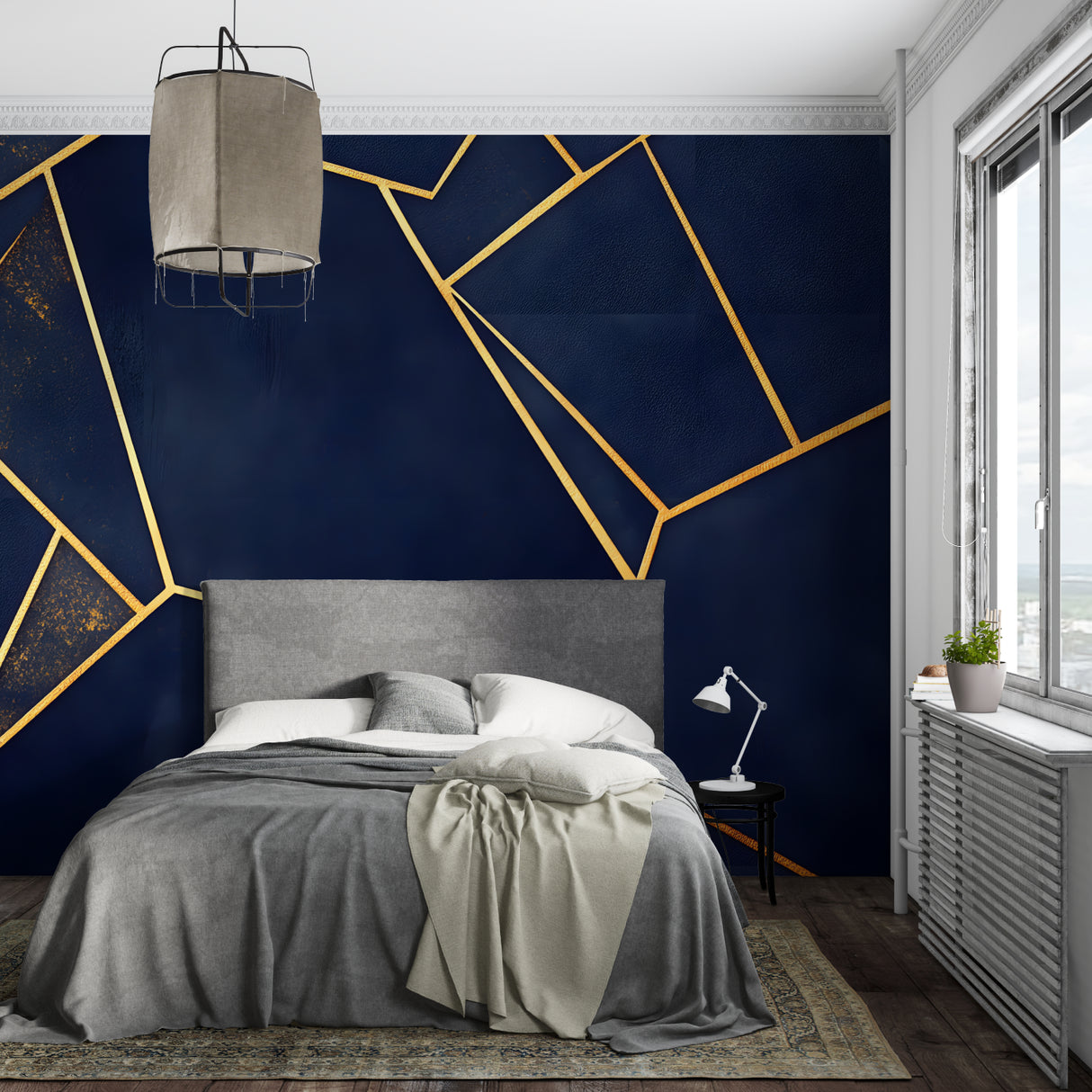 Navy blue geometric wallpaper with gold lines in master bedroom setting