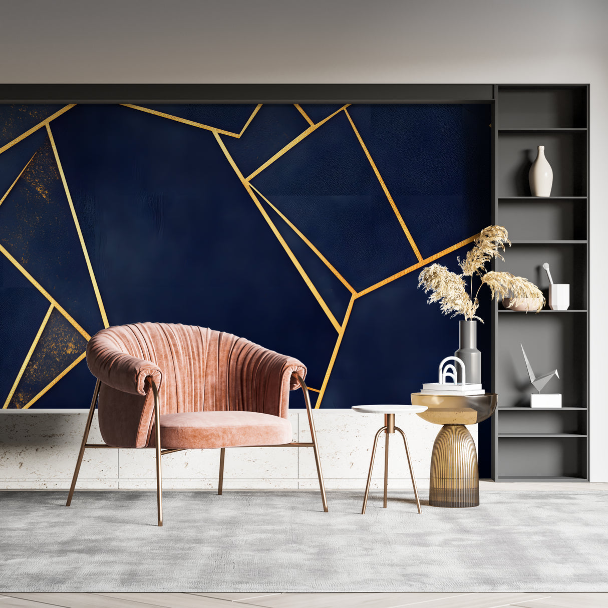 Modern geometric pattern wallpaper in home office with dark furniture