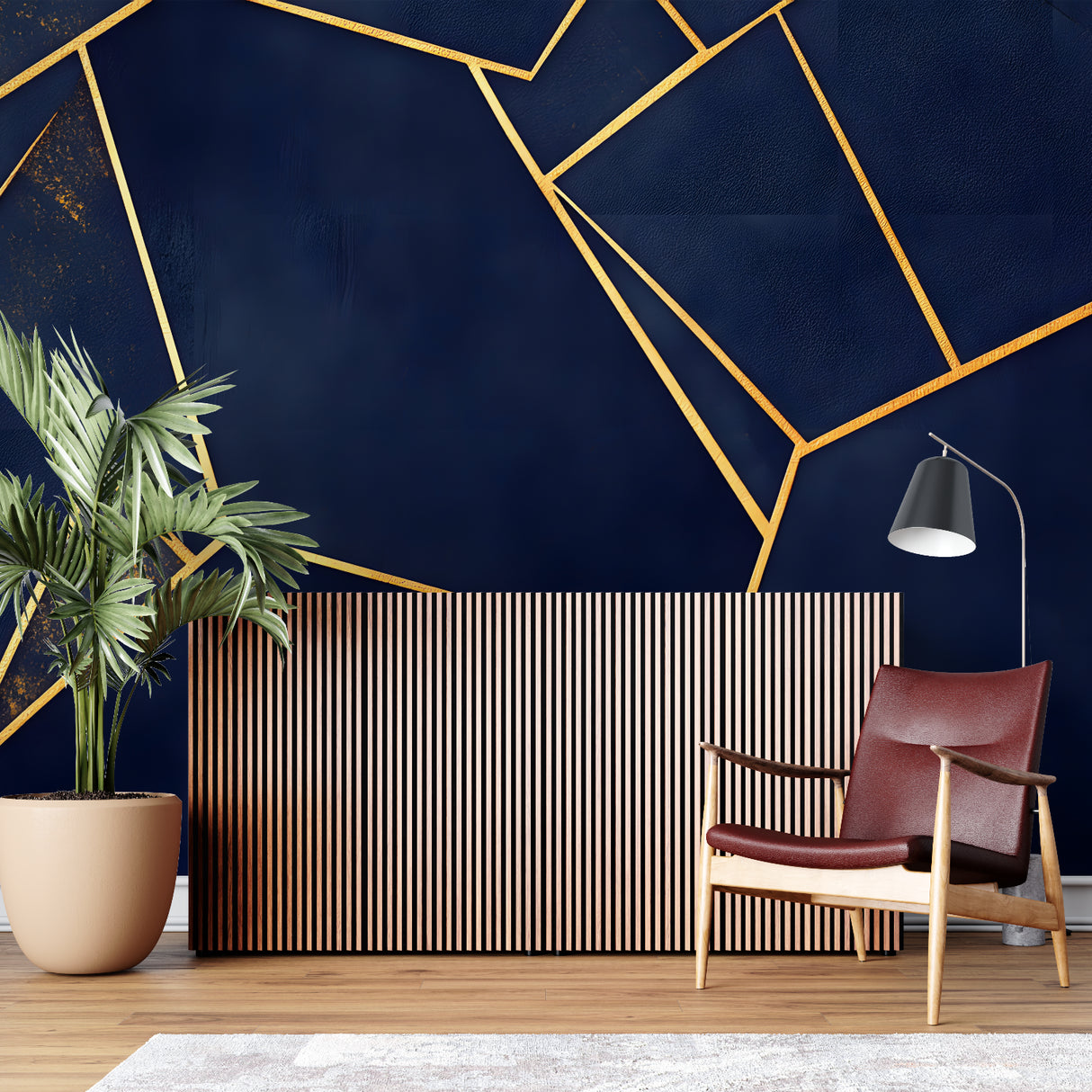 Gold geometric lines on navy background in dining room setting