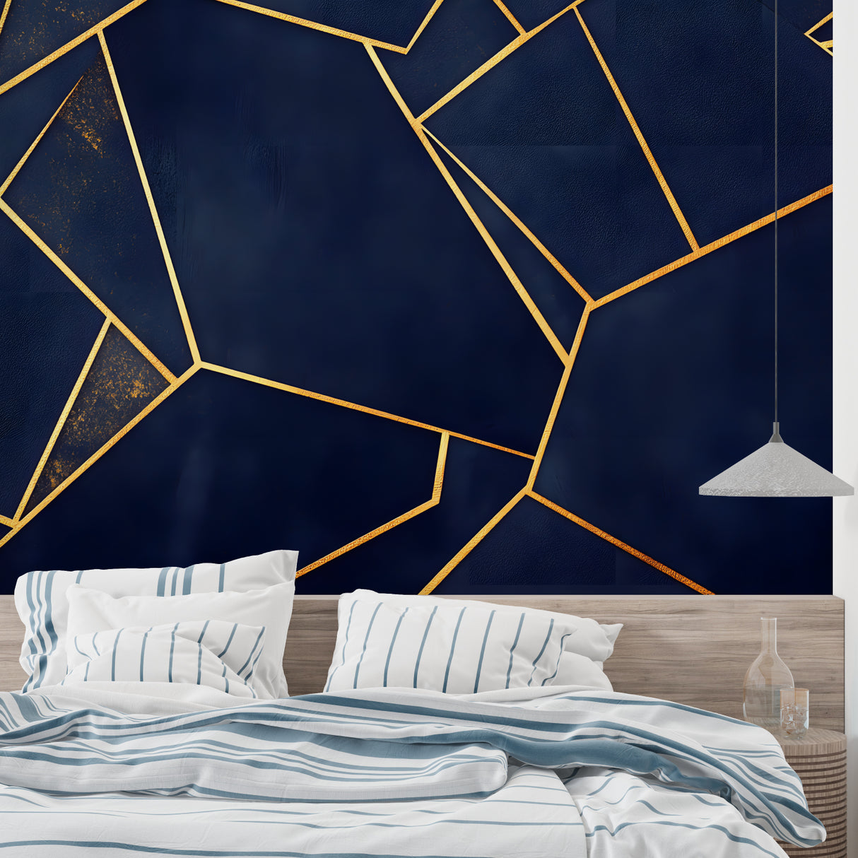 Navy and gold geometric pattern in hotel-style entryway