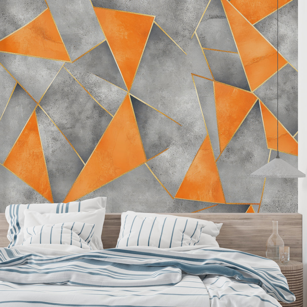 Modern geometric wallpaper with orange triangles in a stylish living room setting