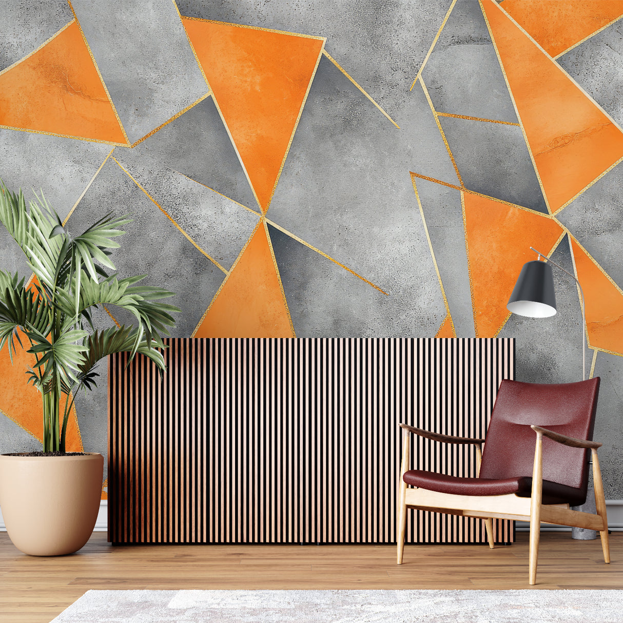 Orange and grey geometric wall mural brightening up a contemporary home office
