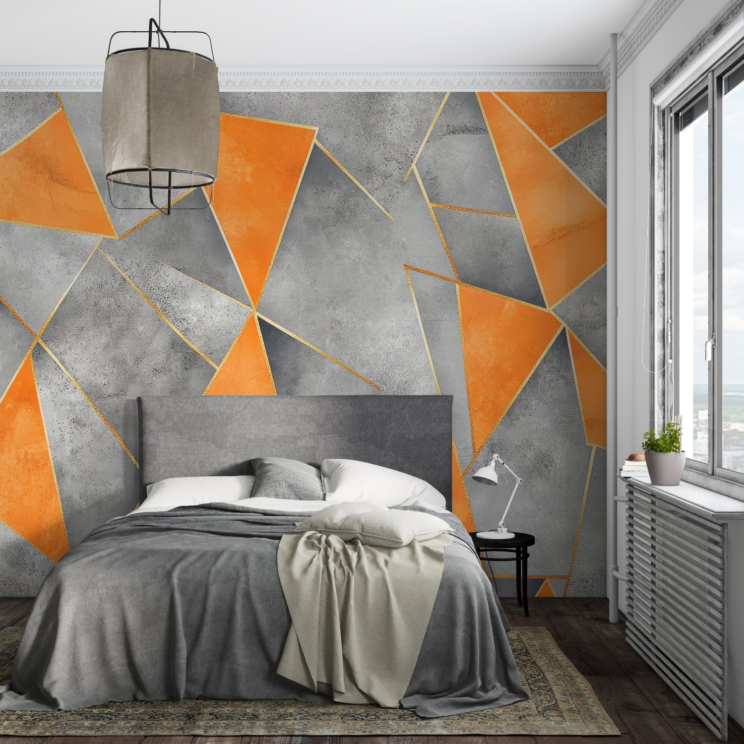 Geometric orange and grey wallpaper creating depth in a minimalist bedroom