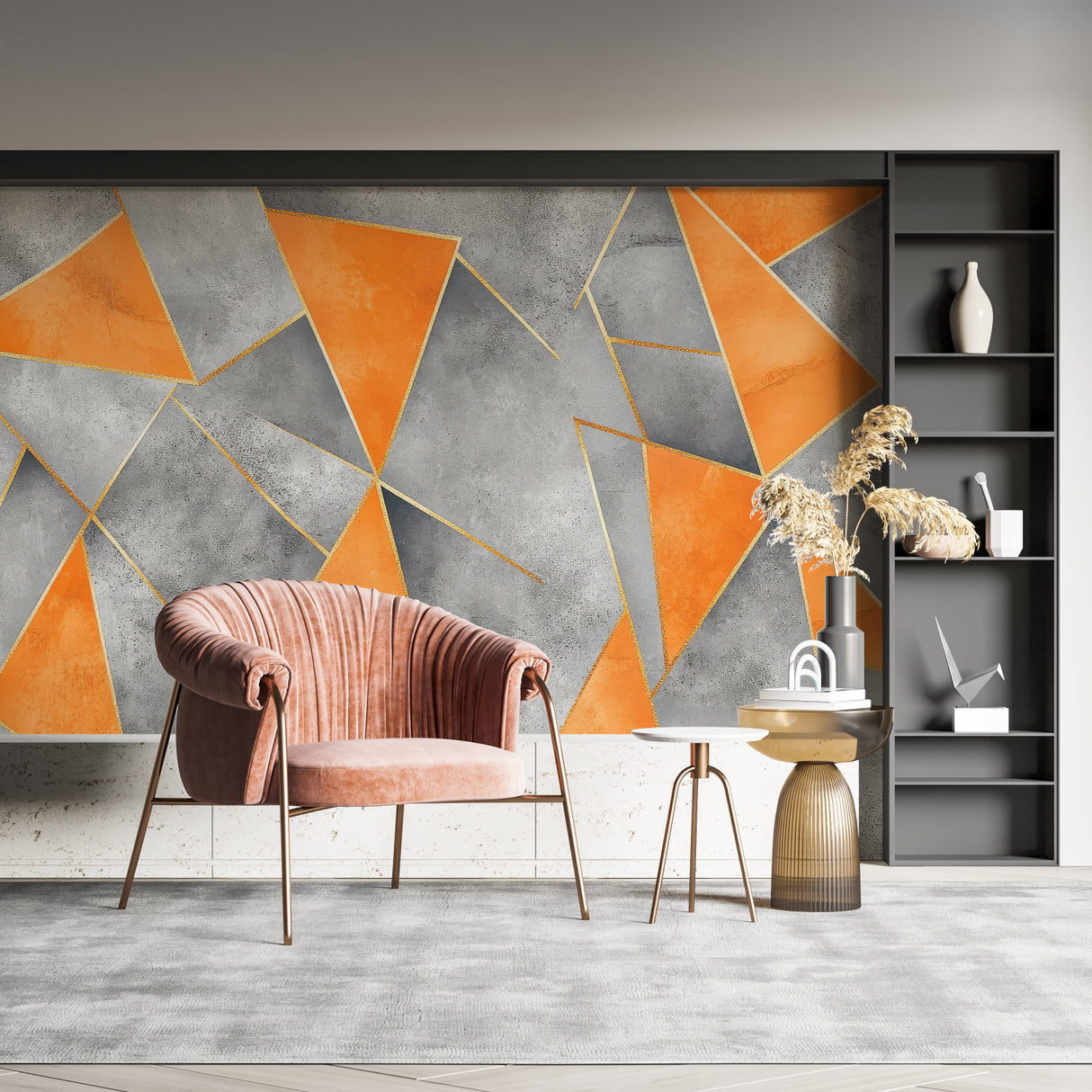 Angular geometric mural design transforming a contemporary hallway space