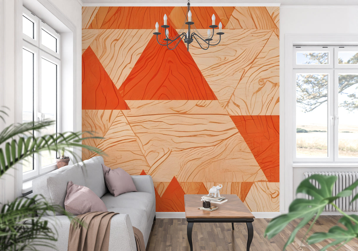 Modern geometric orange wallpaper in a bright living room setting showing triangle patterns and wood textures