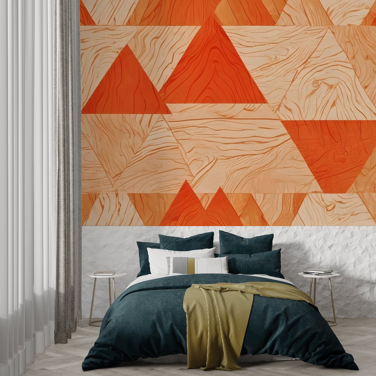 Geometric wood pattern wallpaper creating a statement wall in a modern home office