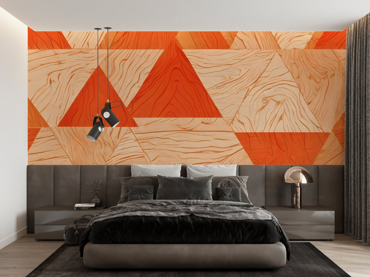 Orange geometric mural adding warmth to an entrance hallway