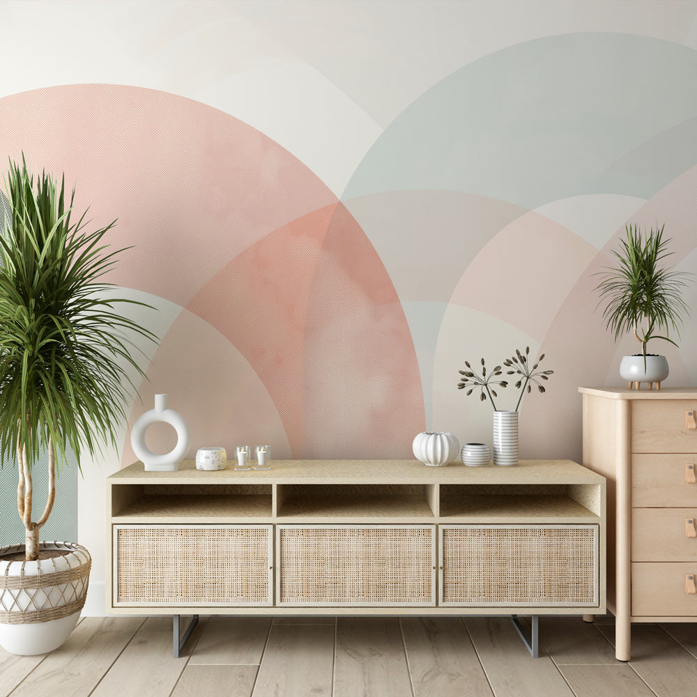Modern geometric arch wallpaper in soft pastels bringing calm to a minimal Scandinavian living room setting