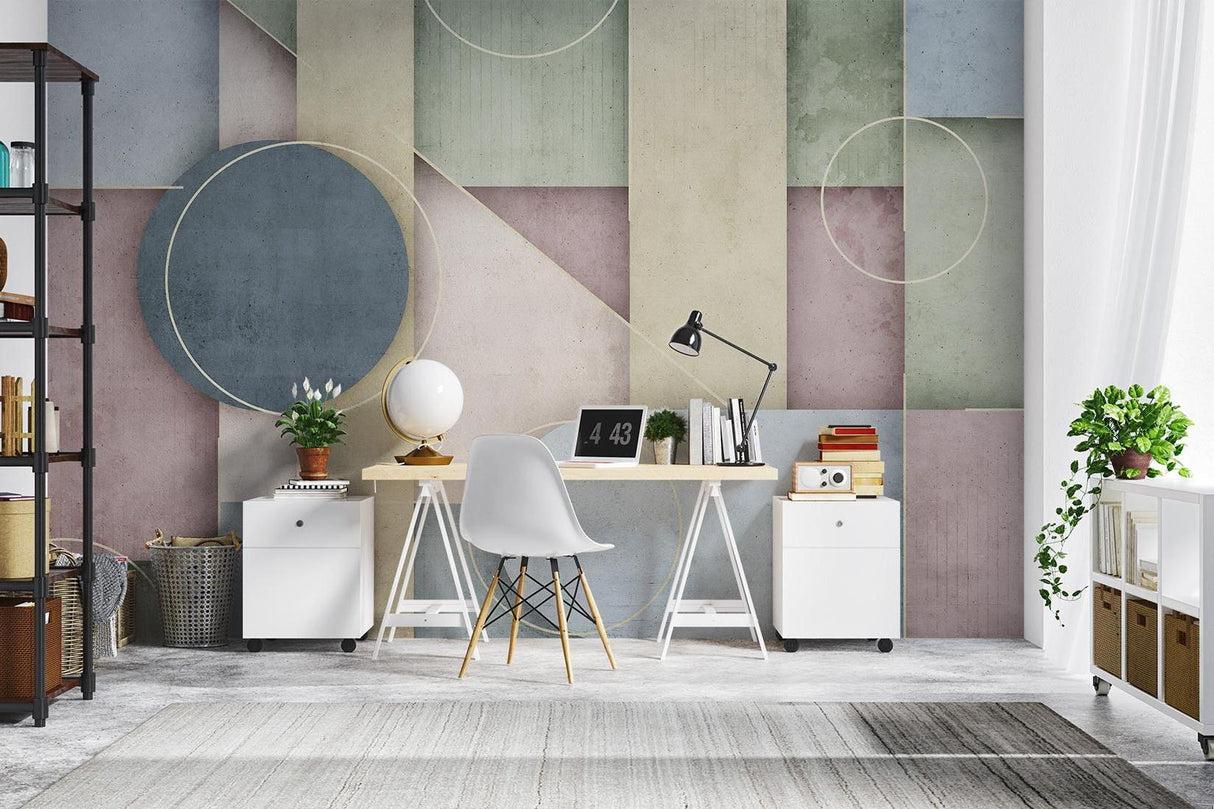 Geometric Art Deco wallpaper in modern living room, showing pastel circles and golden accents against light wall