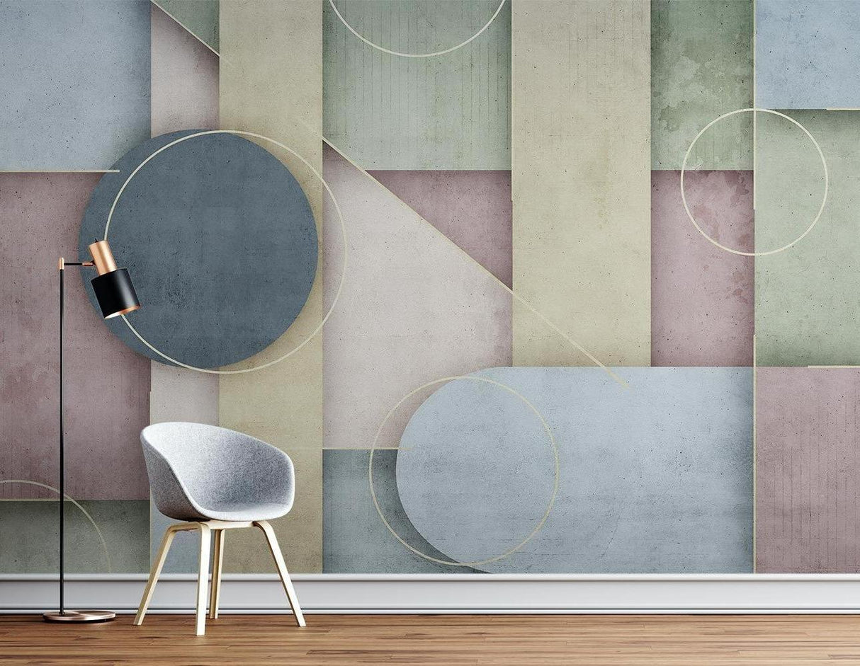 Pastel geometric wallpaper featuring Art Deco patterns in contemporary office setting