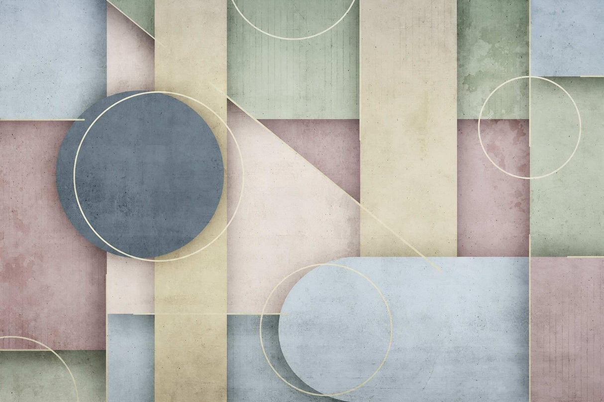Geometric Art Deco wallpaper design file showing full pattern of circles and linear forms in pastel colors
