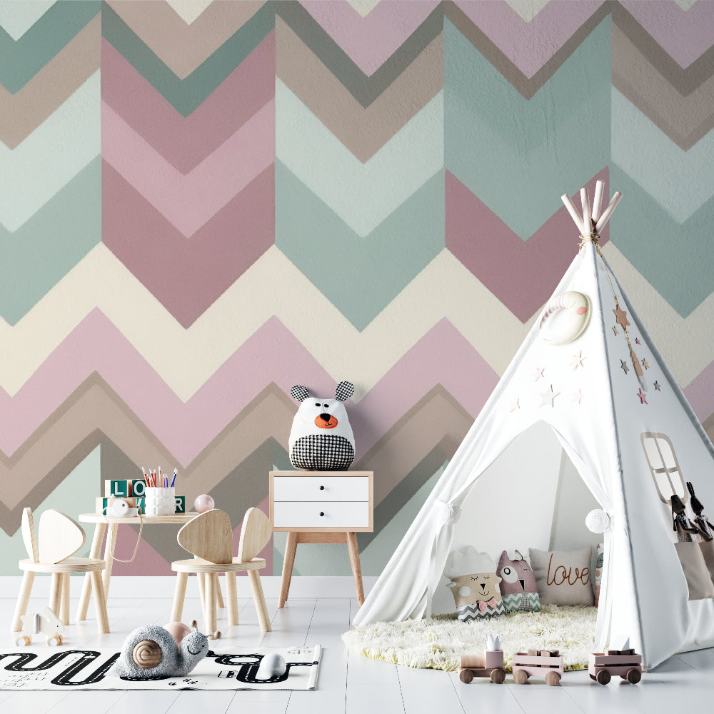 Geometric chevron wallpaper in soft pastels brightening a modern living room with natural light
