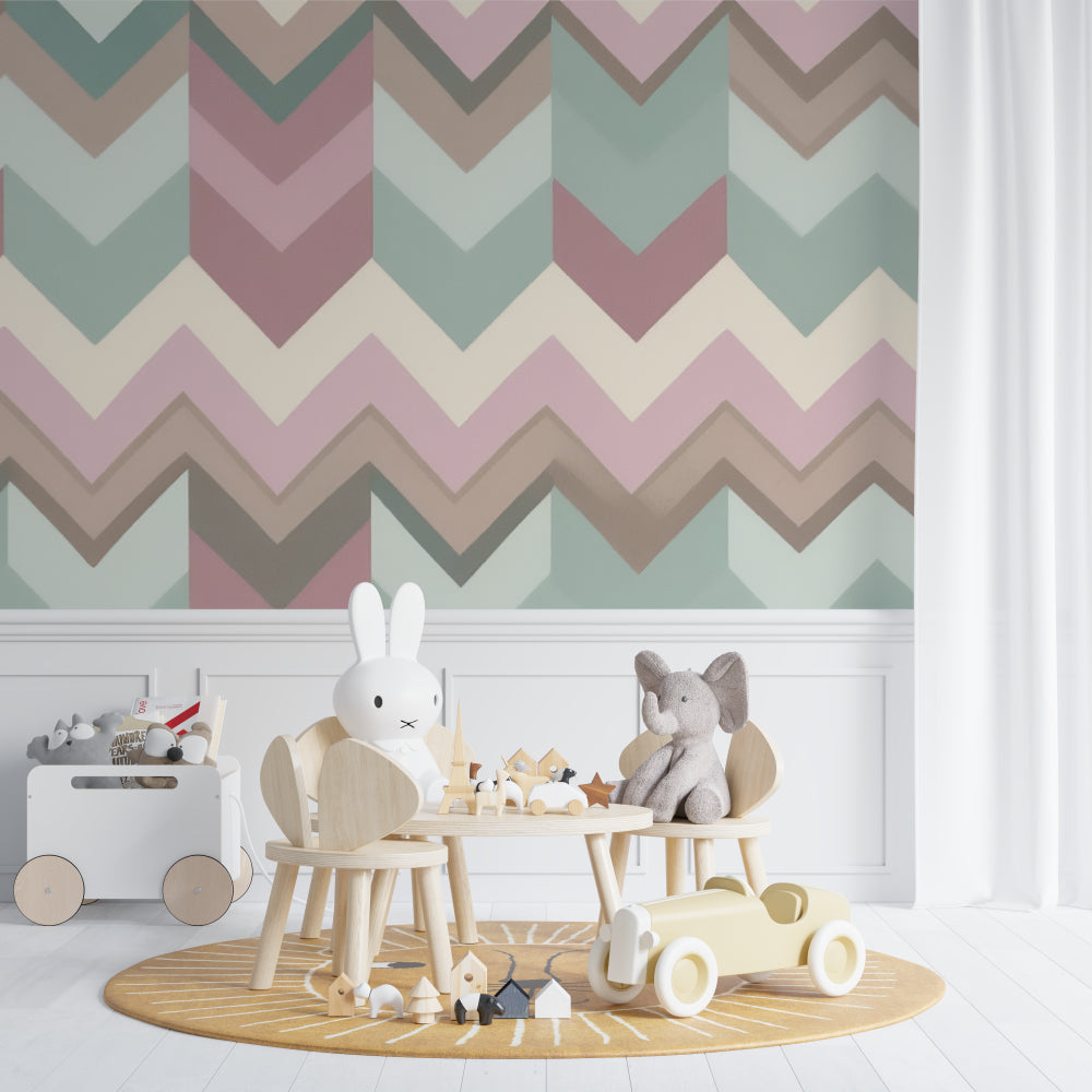 Pastel chevron pattern wallpaper creating a calm and focused home office space