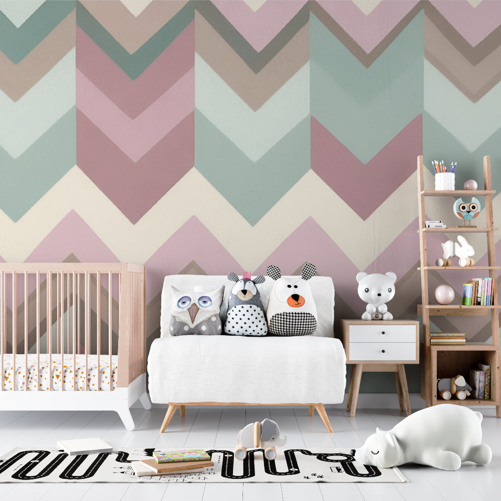 Modern geometric wallpaper with soft chevrons in a bright, airy nursery