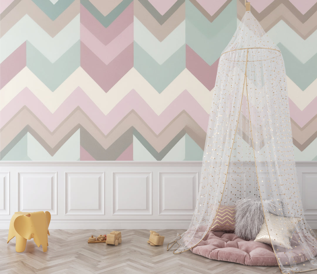 Pastel geometric wallpaper bringing style to a minimalist bedroom setting