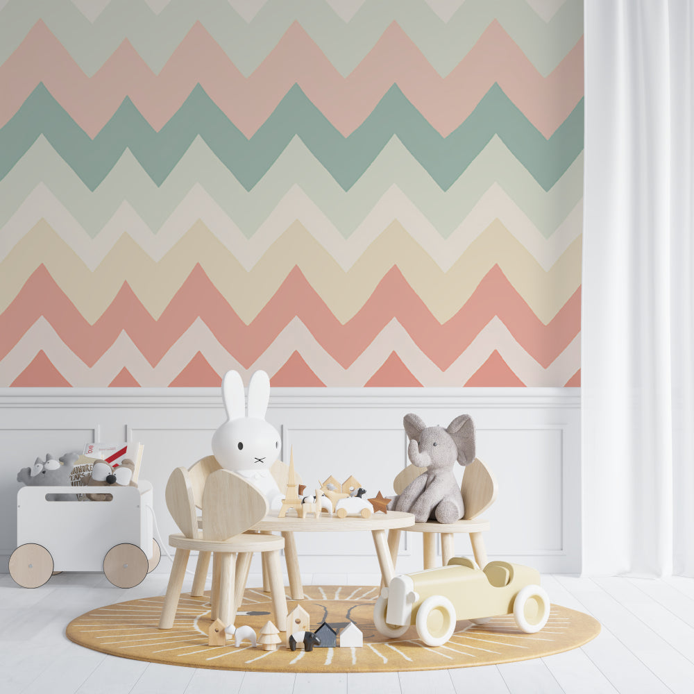 Modern living room featuring pastel geometric wallpaper with minimalist furniture