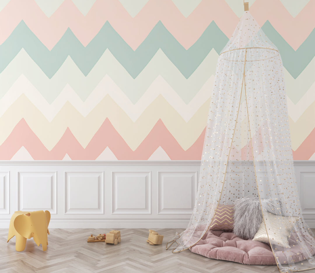 Home office with chevron pattern wallpaper showing clean lines and soft colors