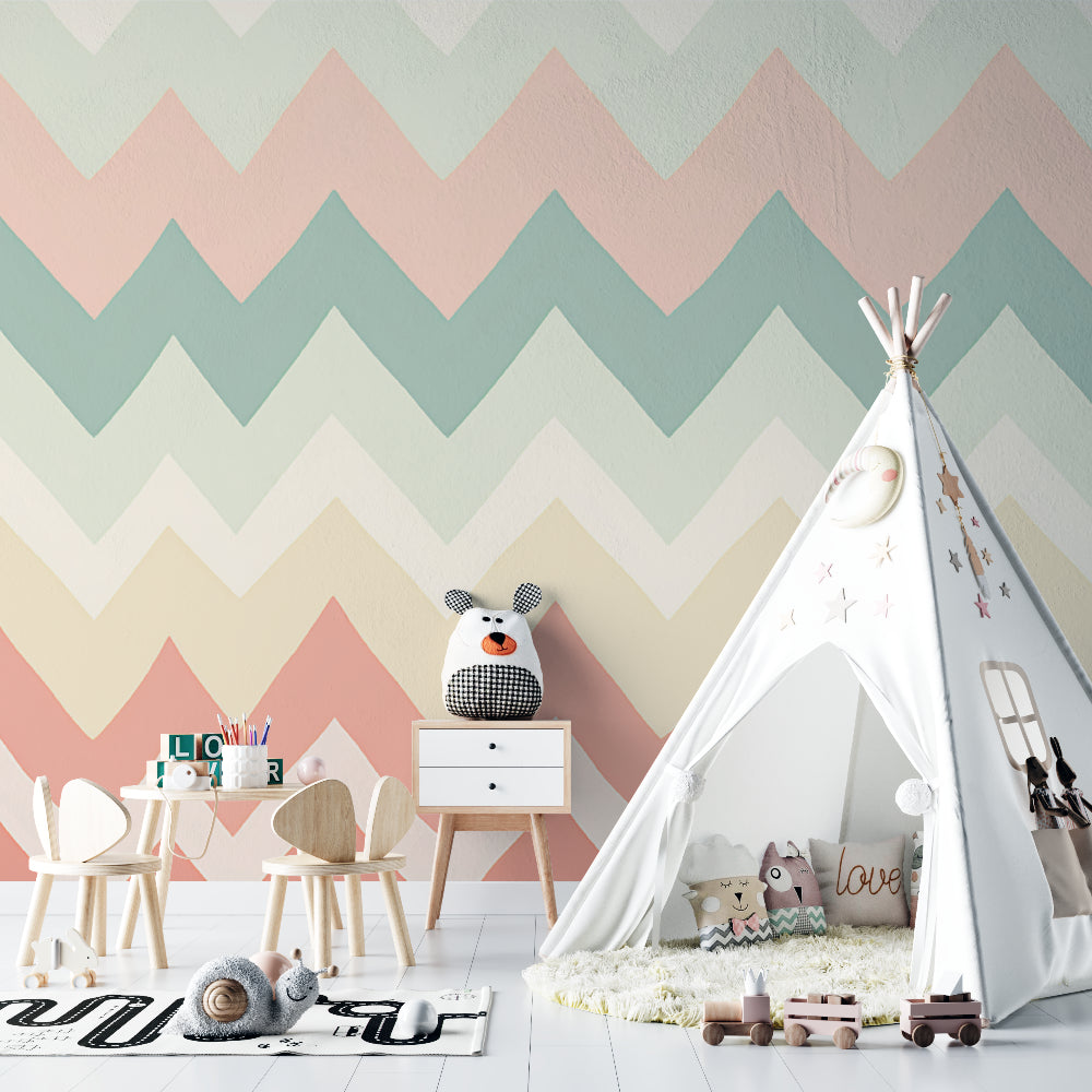 Bathroom accent wall with geometric wallpaper in calming pastel tones