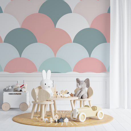 Geometric pattern wallpaper creating a soft, dreamy atmosphere in a modern nursery with natural light