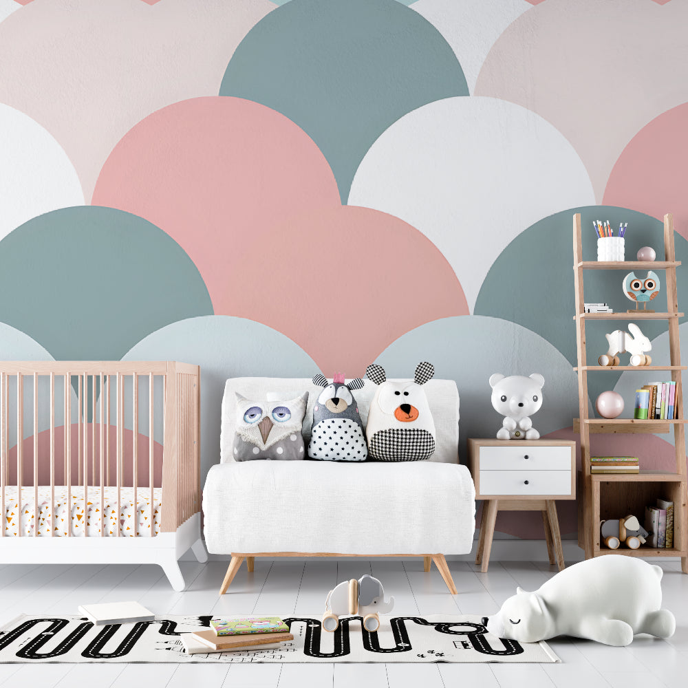Geometric wallpaper bringing soft structure to a bright kids playroom