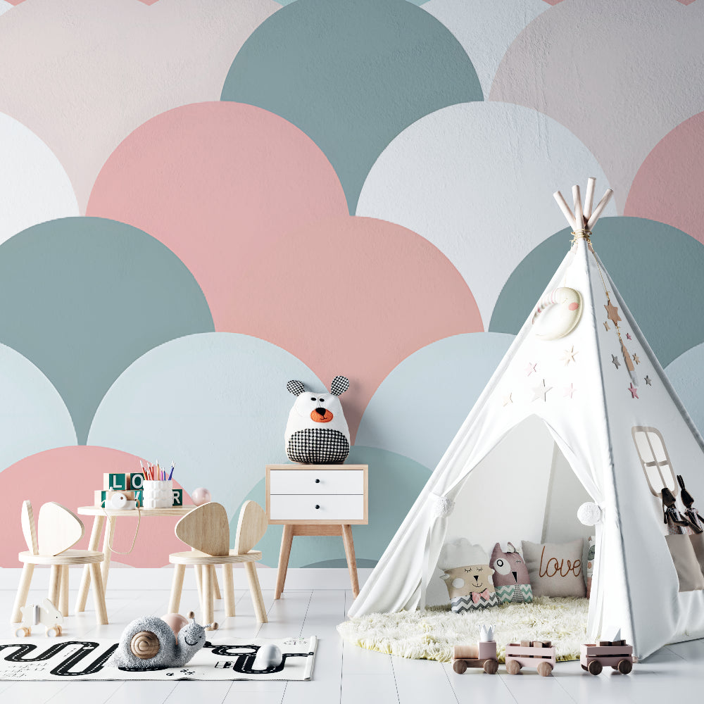 Scalloped pattern wall mural making a beautiful statement in a home office space