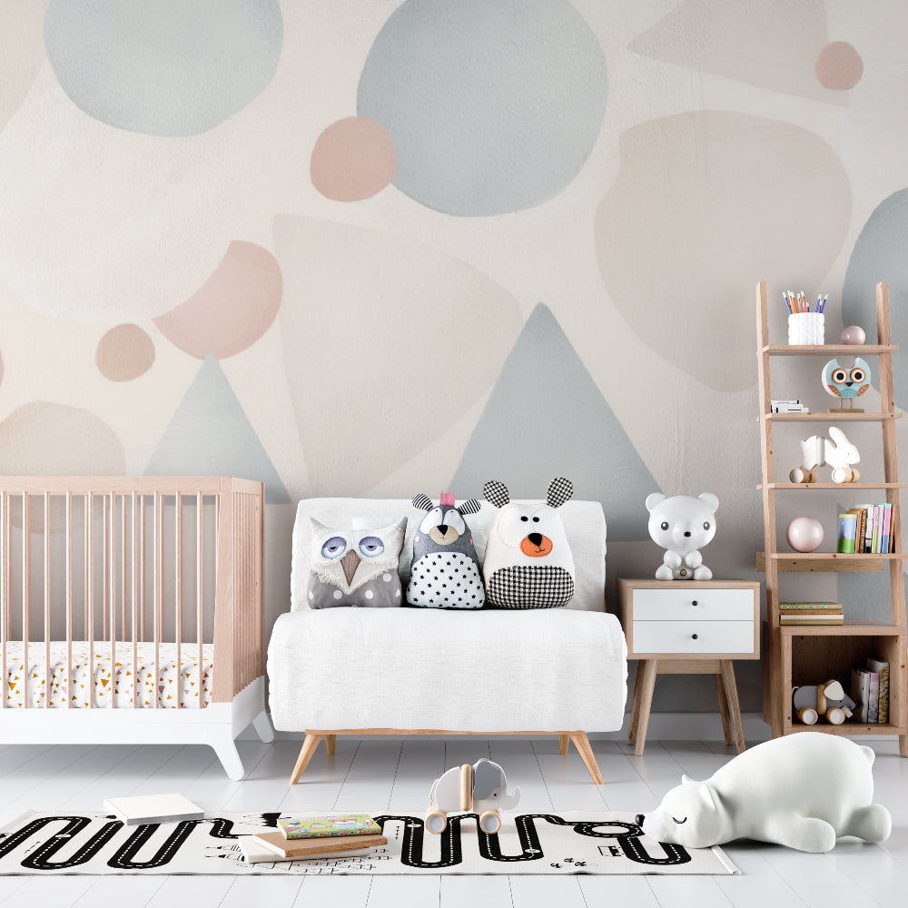 Pastel geometric wallpaper pattern in a child's playroom with natural lighting