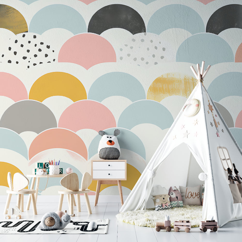 Geometric pattern wallpaper in modern nursery with white furniture showing soft pastel shapes and Nordic style