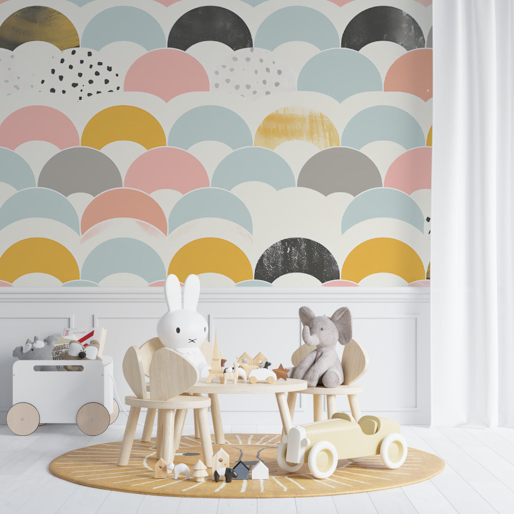 Scandinavian geometric wallpaper brightening a minimal living room with natural light