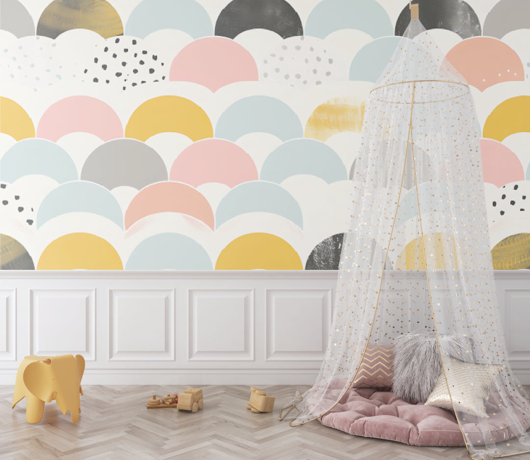 Pastel geometric wallpaper creating a calm home office space with clean lines