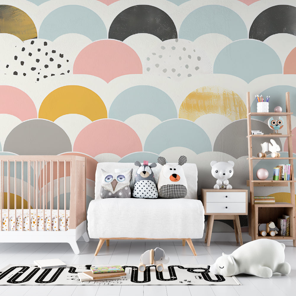 Modern geometric pattern in master bedroom showing soft pastel color blend