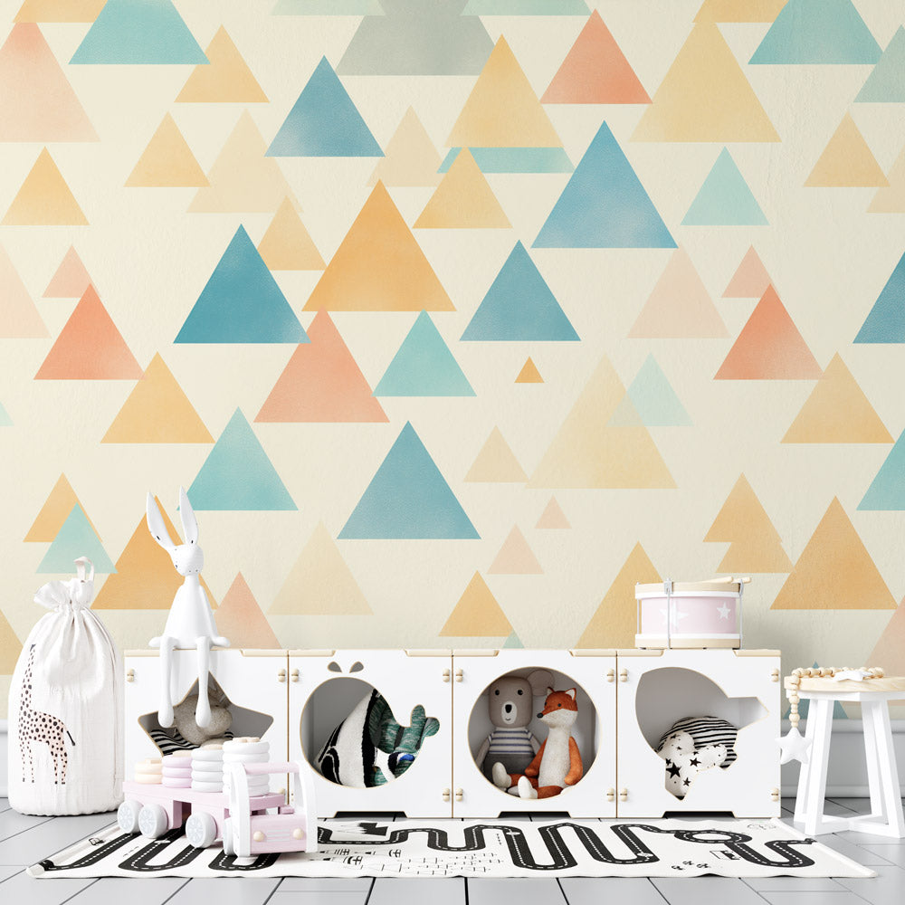 Geometric triangle wallpaper in soft pastels creating a peaceful atmosphere in a minimalist Scandinavian living room