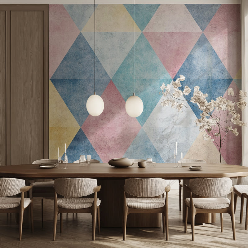 Geometric triangle wallpaper in modern living room with grey sofa and natural light