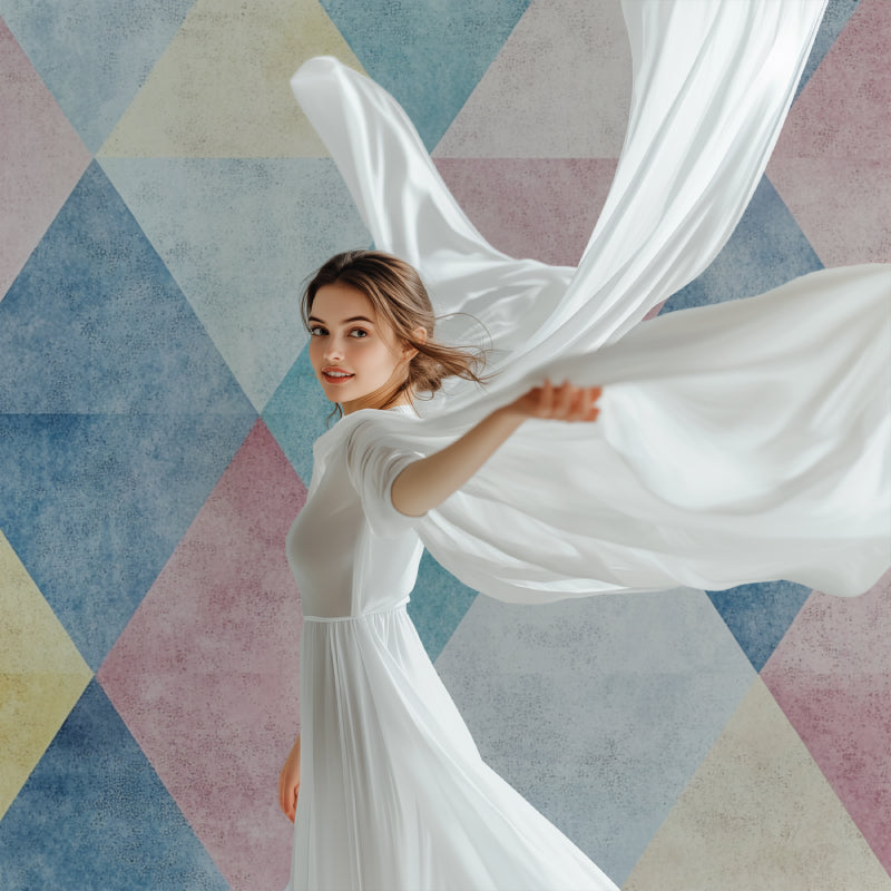 Pastel geometric wall mural in minimalist dining room setting