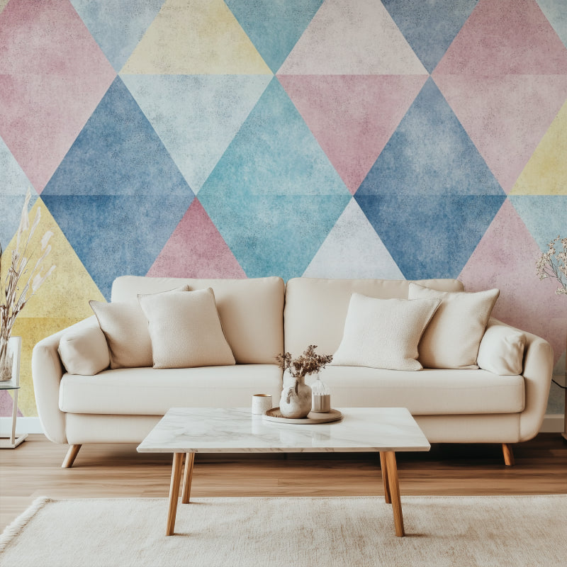 Triangle pattern wallpaper creating depth in home office space