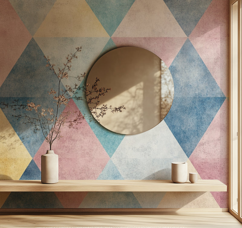 Pastel triangle mural adding style to hallway walls