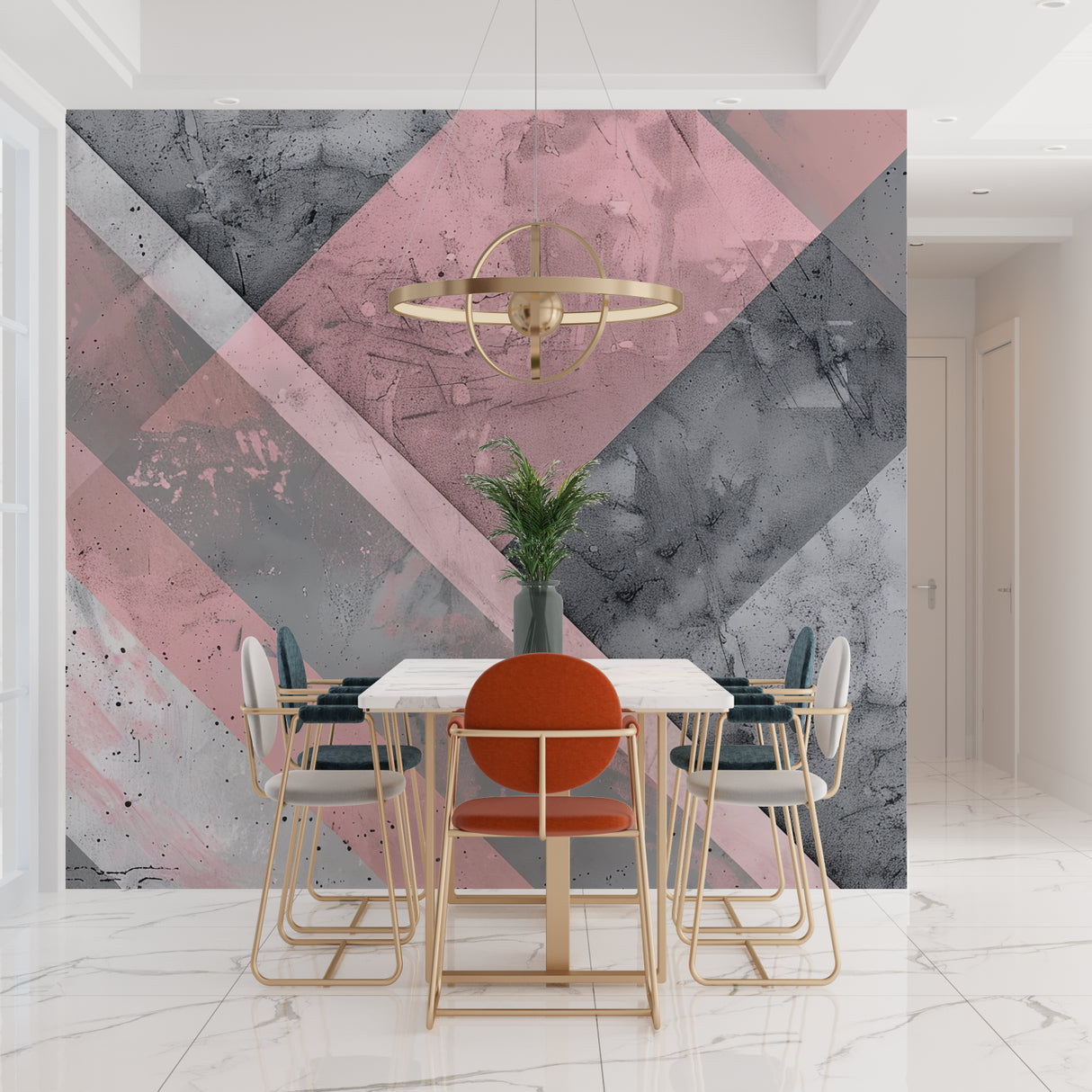 Modern geometric wallpaper in pink and grey creating depth in contemporary living room