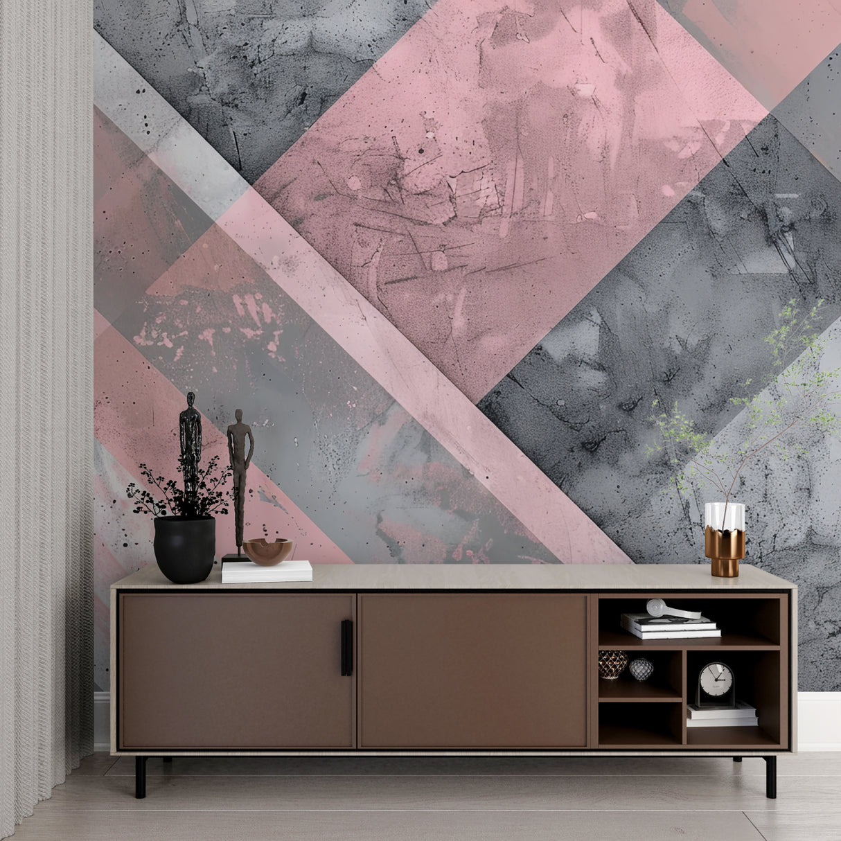 Pink abstract wall mural bringing style to minimal bedroom space