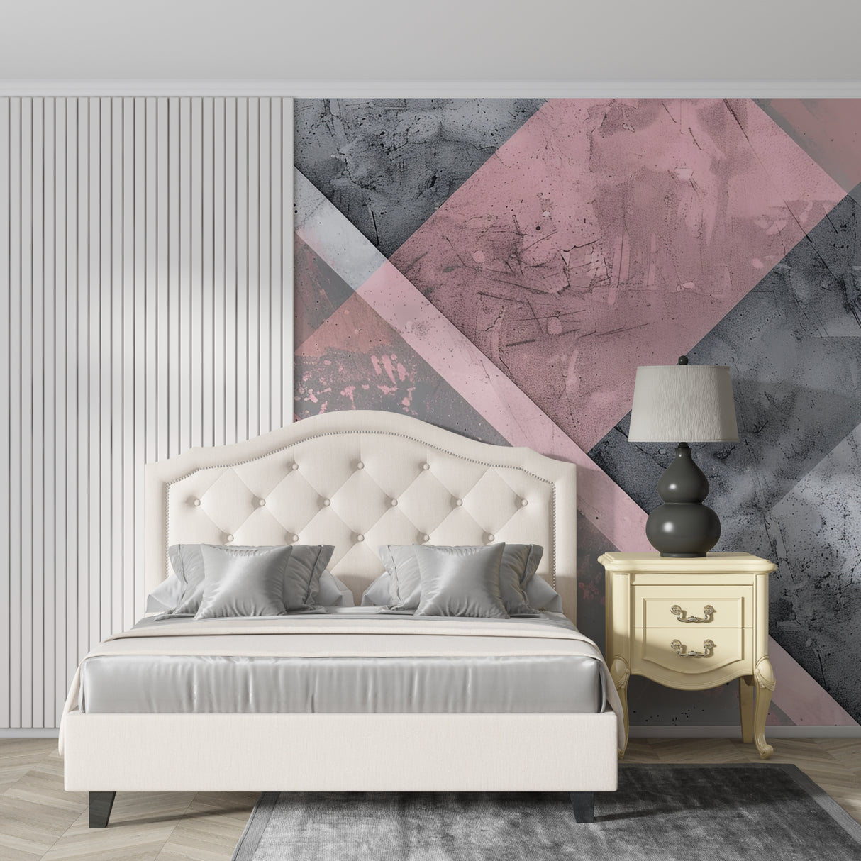Geometric pattern wallpaper adding drama to modern home office