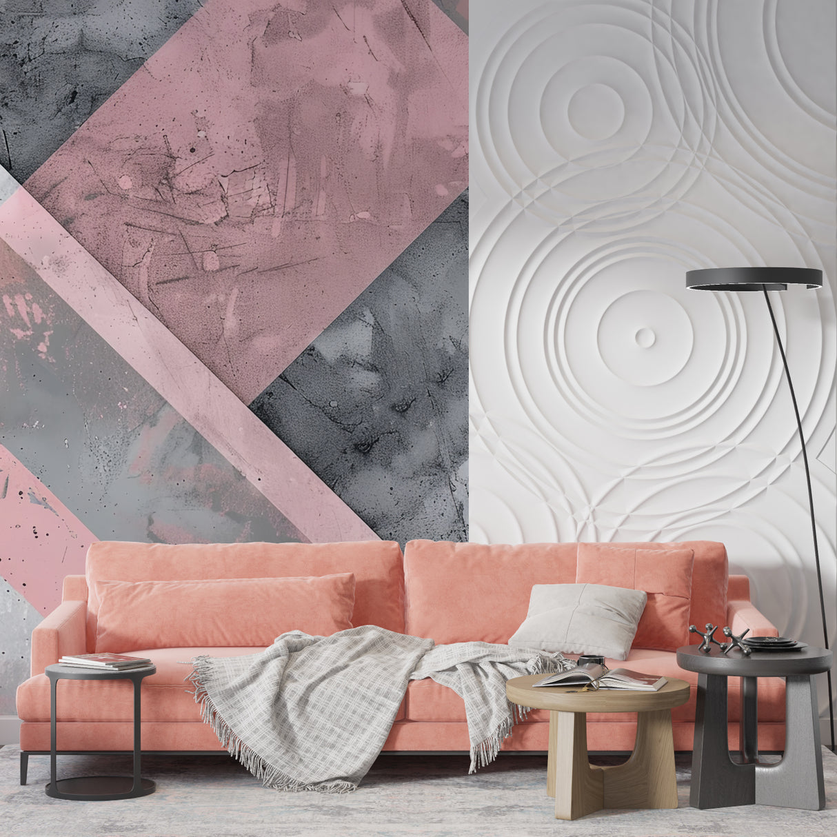 Pink and grey geometric wallpaper making statement in dining area