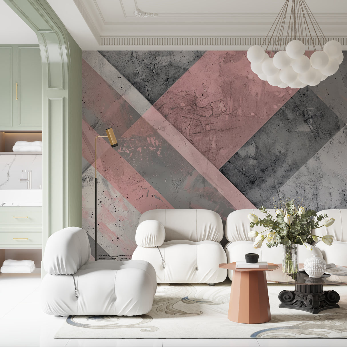 Abstract geometric mural enhancing hallway with soft pink tones