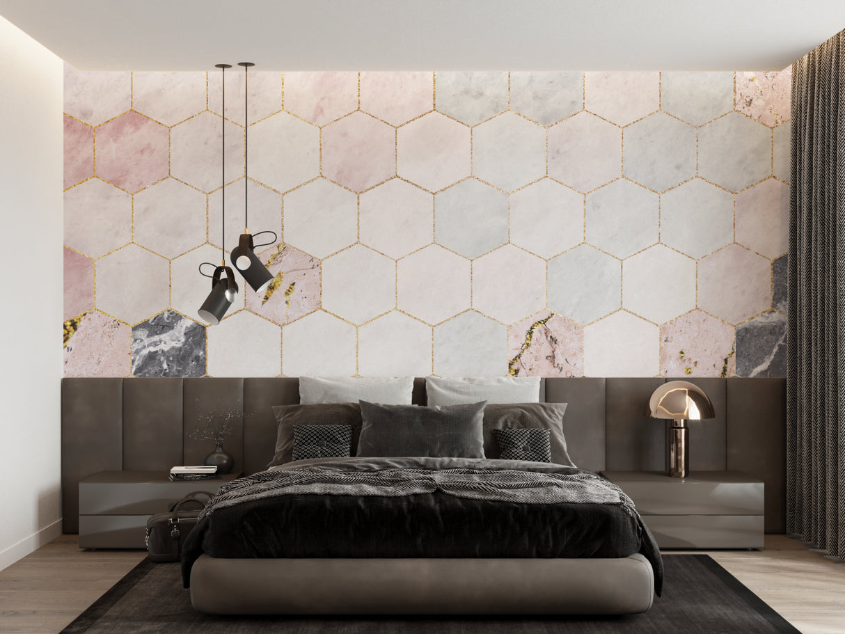 Geometric marble wallpaper featuring pink hexagons in a luxury bedroom