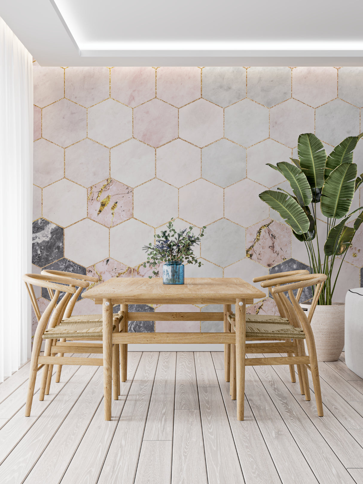 Pink marble hexagon wallpaper with gold details in a home office