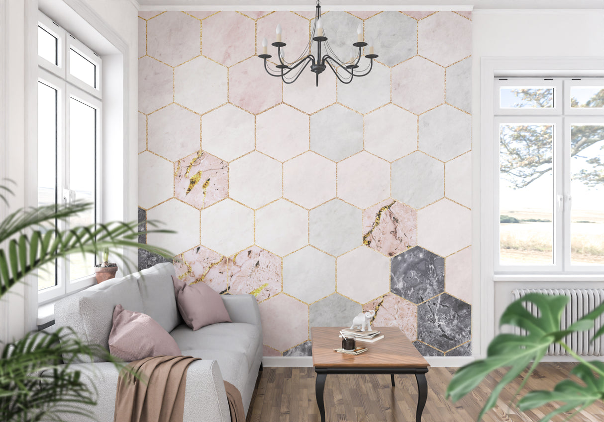 Modern geometric wallpaper with pink and grey marble in dining room