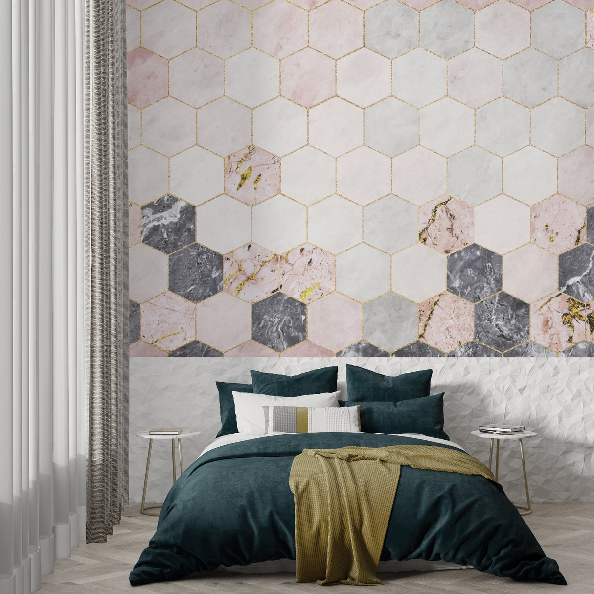Hexagon marble wallpaper with pink and gold accents in hallway