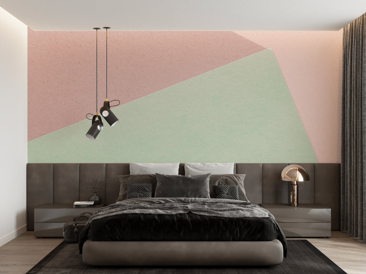 Modern geometric wallpaper in pink and mint tones brightening a minimalist living room